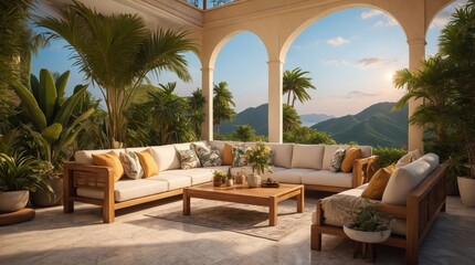 Wall Mural - Terrace in the tropics and sunset