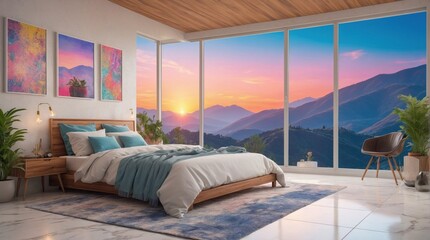 Wall Mural - Beautiful bedroom with sunset view