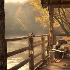 Wall Mural - A wooden fence with a fishing pole on it