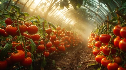 Wall Mural - Red Ripe Tomatoes Growing in a Greenhouse