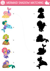 Wall Mural - Mermaid shadow matching activity with sea princesses. Fairytale ocean kingdom puzzle with cute girls with pets. Find correct silhouette printable worksheet or game. Marine game page for kids.