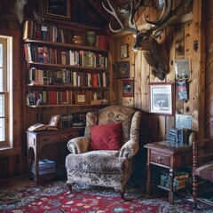 Sticker - A cozy room with a chair, a desk, and a bookshelf