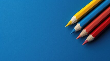 Wall Mural - Blue yellow and red pencil on blue backdrop with space for text
