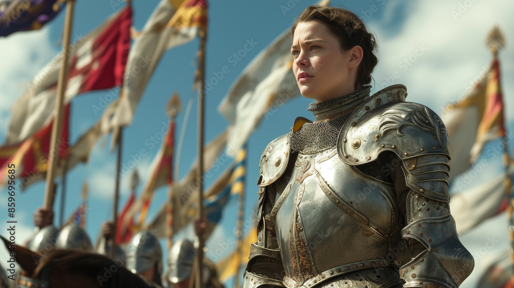 A female medieval knight in full shining plate armor rides a horse in ...