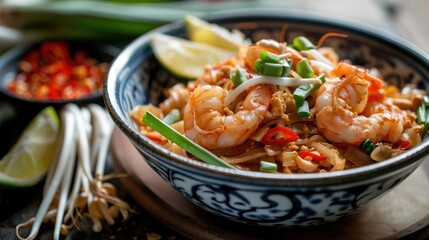 Wall Mural - A serving of Thai Pad Thai with shrimp garnished with