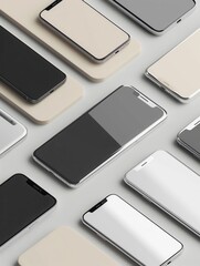 Aufkleber - A close-up photo of multiple modern smartphones arranged in a geometric pattern on beige surfaces. Generative AI