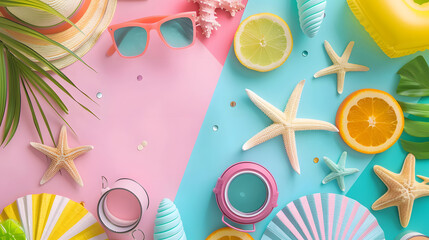 Top view of summer themed objects on pastel colored background, hat, sunglasses, starfish, seashells, tropical leaves. The bright and cheerful arrangement evokes the fun relaxation of summer vacation