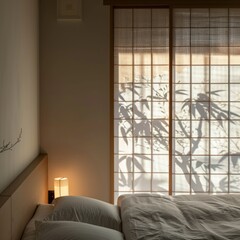 Sticker - A bedroom with a bed, a lamp, and a window with bamboo shades