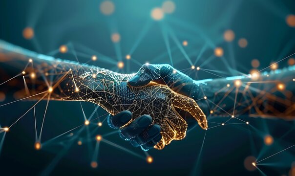 Dynamic Connections, Virtual handshake between digital avatars, showcasing business strategy and collaborative partnerships