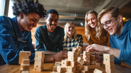 Professional business team working together at meeting table with wooden block. Architect engineer planning for building construction while using building blocks at meeting in modern studio. AIG53F.