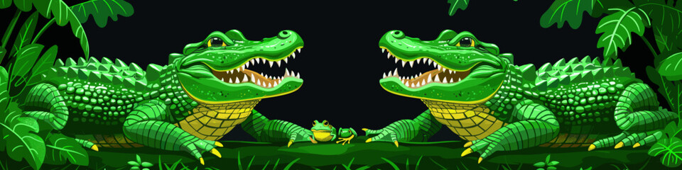 Detailed illustration of two green alligators facing each other amidst tropical foliage on a black background, perfect for wildlife and jungle-themed designs