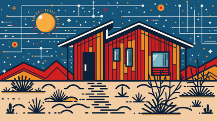 Modern desert house illustration with a night sky full of stars and geometric patterns, ideal for contemporary southwestern architecture and futuristic design themes