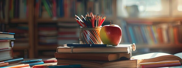 Wall Mural - School desk with school accessories and gloss on a school blackboard background.