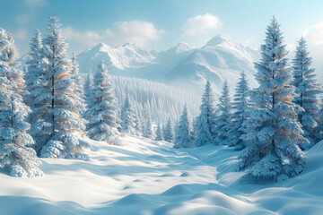 Wall Mural - A pristine blanket of snow covers evergreen trees. Concept of winter wonderland and serene landscapes. Generative Ai.
