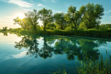 Wall Mural - Sparkling blue-green lake, trees and grasslands reflecting in the water,clear sky