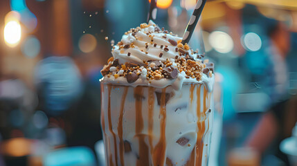 Wall Mural - A close-up shot of a milkshake being served, highlighting the creamy shake and toppings