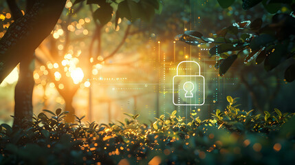 illuminated digital lock icon amidst lush greenery and flowers. The concept of cybersecurity and digital protection in a natural environment, hologram of padlock icon on center nature and ecosystem