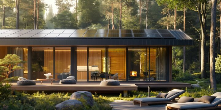 Suburban passive house with solar panels in green summer forest. AI generative image.