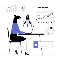 Wall Mural - Startup business concept. Woman investing money, planning and launches new company. Vector illustration with line people for web design.