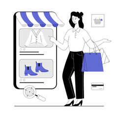 Wall Mural - Shopping online. Woman selects products on a phone app. Buying online clothes, shoes, goods. Make an order. Vector illustration with line people for web design.