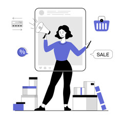 Wall Mural - Shopping online. Digital business, mobile commerce. Woman selling products on social networks. Vector illustration with line people for web design.