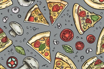 Wall Mural - Pizza Pattern. Pizza Background. PIzza Wallpaper. Pizza background.  Pattern with pizza design elements. Pizza Background in Doodle Style.