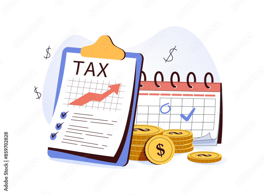 Tax Time Graphics Taxes illustration set. Characters using tax calendar to filling tax ...