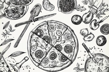 Wall Mural - Pizza Pattern. Pizza Background. Pizza Wallpaper. Pizza background. Black line pizza pattern on white background. Pattern with pizza design elements. Pizza Background in Doodle Style.