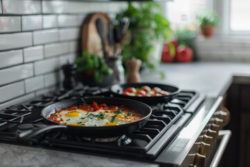 Shakshuka cooking in a modern kitchen.