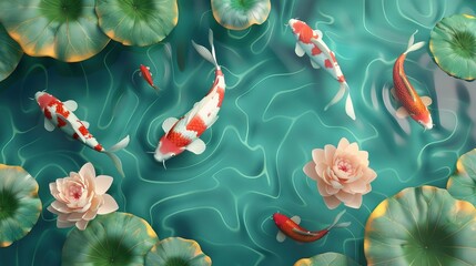 Wall Mural - Koi fish swimming in the pond under lotus flowers in summer. Koi fish and lotus flowers in lake or water. Background and mural wallpaper High quality AI generated image