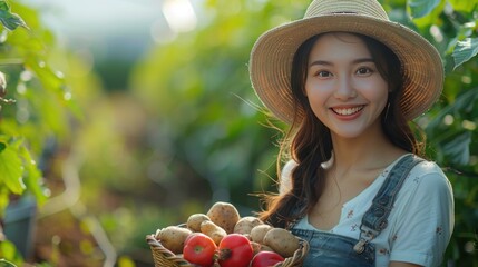 Wall Mural - Smiling Woman in a Straw Hat Holding a Basket of Fresh Produce