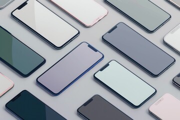 Aufkleber - A collection of modern smartphones arranged on a gray surface. Perfect for showcasing mobile technology, smartphone accessories, and app designs. Generative AI