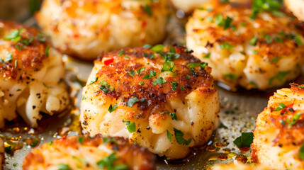 Wall Mural - A close-up shot of crab cakes being served, highlighting the crispy texture and savory flavors