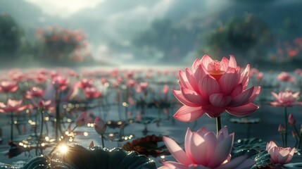 Wall Mural - Pink Lotus Flowers in a Misty Morning