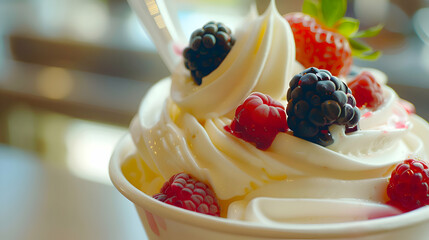 A close-up shot of frozen yogurt being served, highlighting the creamy yogurt and fresh toppings