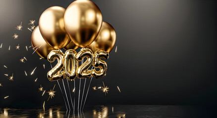 Greeting card with text NEW YEAR 2025 with golden balloons.