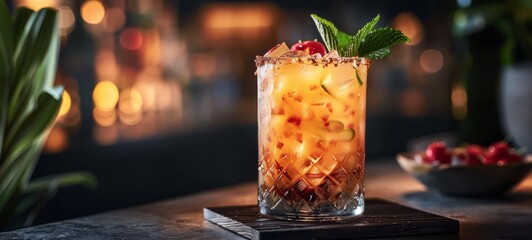 Canvas Print - Close up photography of Mai Tai Cocktail with dark background side view texture. Cocktail Mai Tai in restaurant postcard image texture banner postcard horizontal.