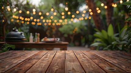 Empty wooden table and blurred bbq in the backyard background, for product display montage