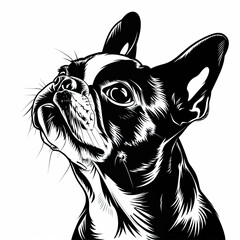 A black and white drawing of a Boston Terrier dog