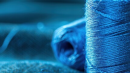 Canvas Print - Bright macro background of blue color thread, clothing sewing material pattern, free space for information