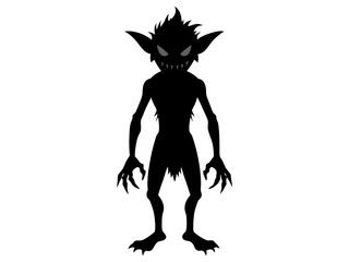 Black silhouette of a goblin isolated on a white background. Concept of Halloween, mythical creature, troll, fantasy character, eerie illustration, design art.