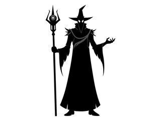 Black silhouette of a wizard isolated on a white background. Concept of Halloween, evil sorcerer, magic fantasy character, cast spells, minimalist style, print, icon, design element.