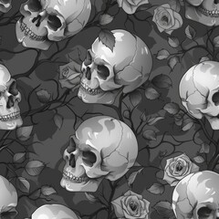 Canvas Print - Black Roses and Thorny Vines Encircle Human Skulls in Gothic Seamless Pattern