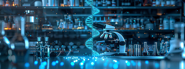 Wall Mural - Research medical DNA lab science biotechnology scientist laboratory clinic medicine chemistry. Medical analysis DNA research equipment technology test microscope work health scientific computer gene