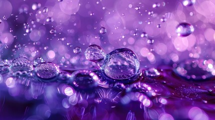 Sticker - Macro photograph of backlit liquid liquid mixture on purple backdrop Physics elegance depicted through glittery clusters and droplets particles aligning to form captivating designs