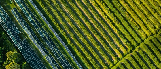 An ultra-sharp aerial photograph captures solar panels installed above lush, thriving crops