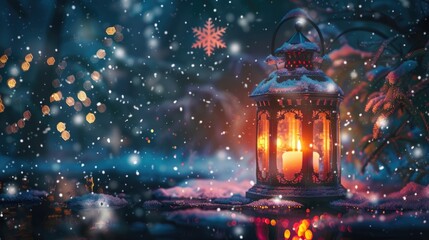 Wall Mural - Colorful lantern with candle dances in darkness surrounded by snowflakes and frosty glass creating a festive ambience