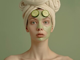 young woman with two cucumber slices on her eyes wearing a black face cream mask on her forehead, shown from the front view.
