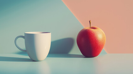 A white cup and a red apple are on a table