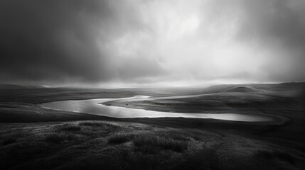 A desolate landscape with a river running through it